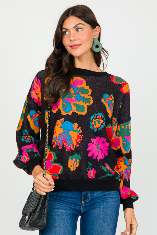 Floral Pattern Sweater, Blk Mul