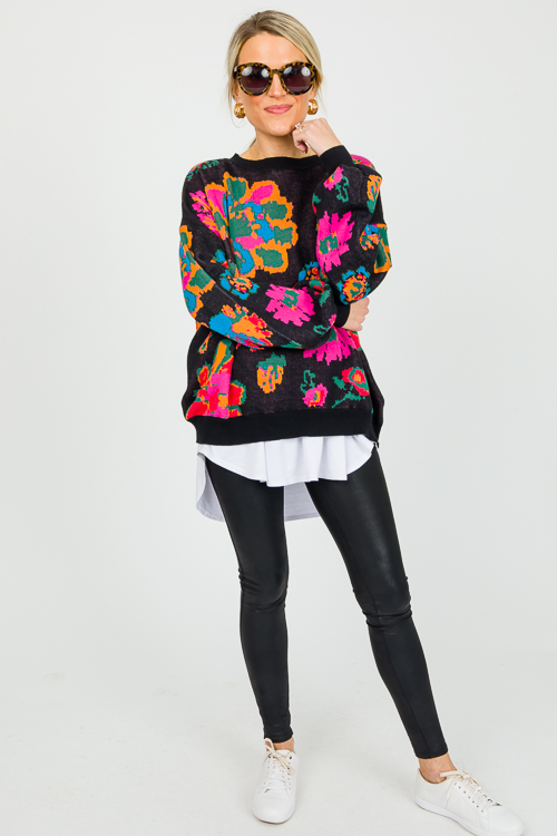 Floral Pattern Sweater, Blk Mul