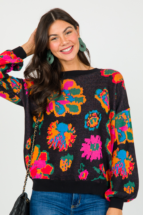 Floral Pattern Sweater, Blk Mul