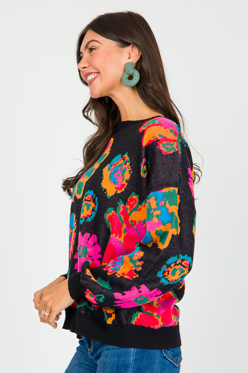 Floral Pattern Sweater, Blk Mul