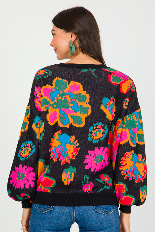 Floral Pattern Sweater, Blk Mul