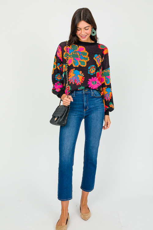 Floral Pattern Sweater, Blk Mul