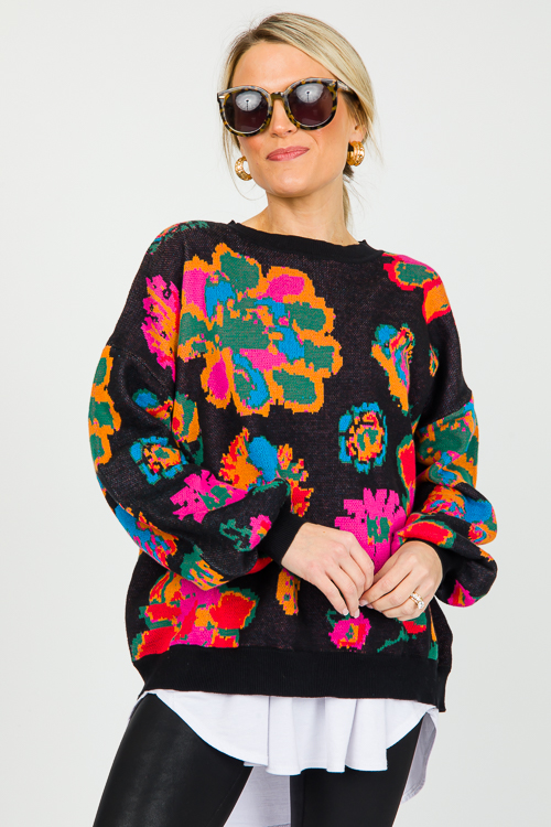 Floral Pattern Sweater, Blk Mul