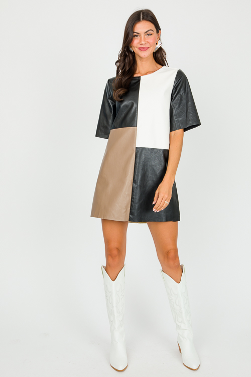 Leather Colorblock Dress,Blk/Wh
