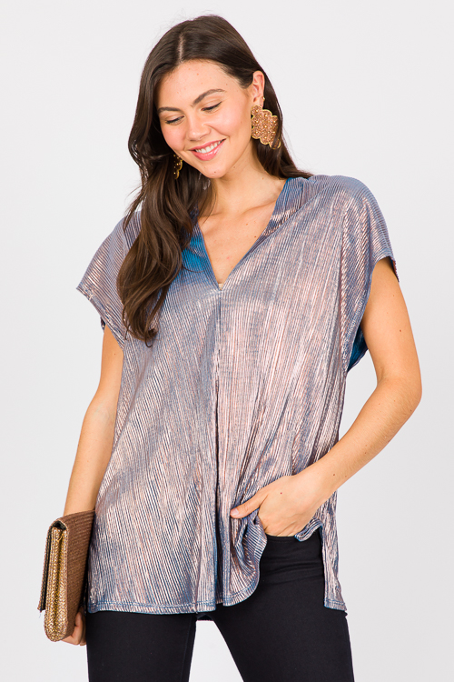 Pleated V Tunic, Teal/Rose Gold