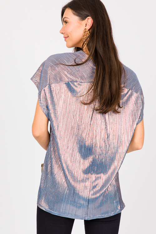 Pleated V Tunic, Teal/Rose Gold