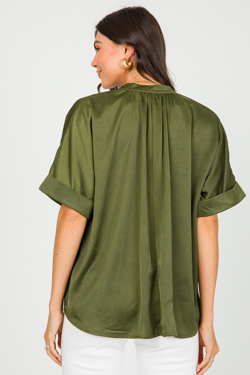 V-Neck Satin Blouse, Olive