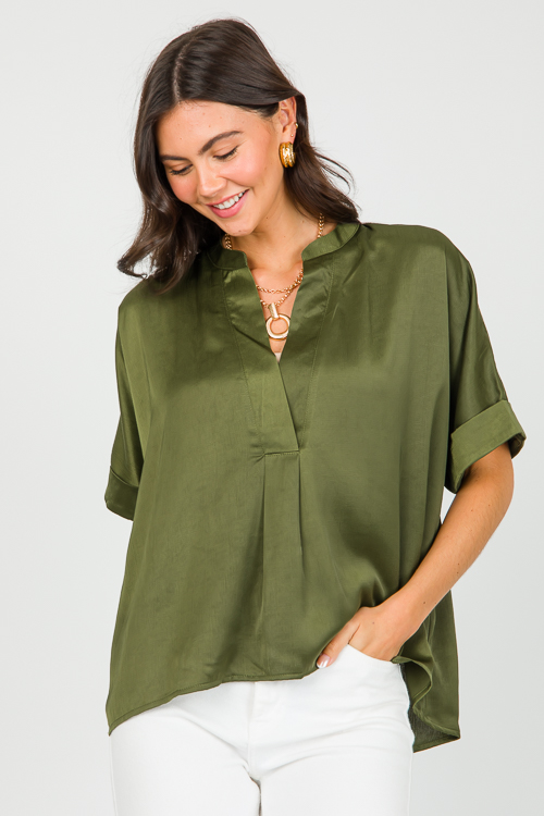 V-Neck Satin Blouse, Olive