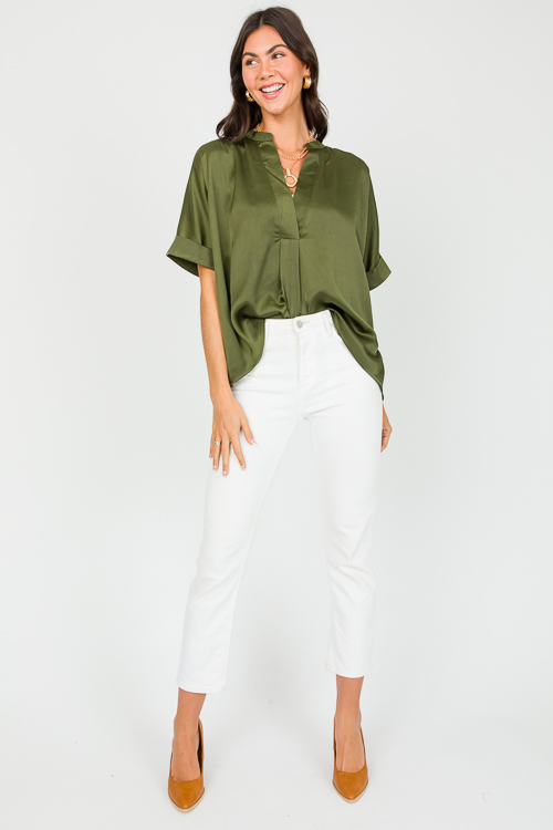 V-Neck Satin Blouse, Olive