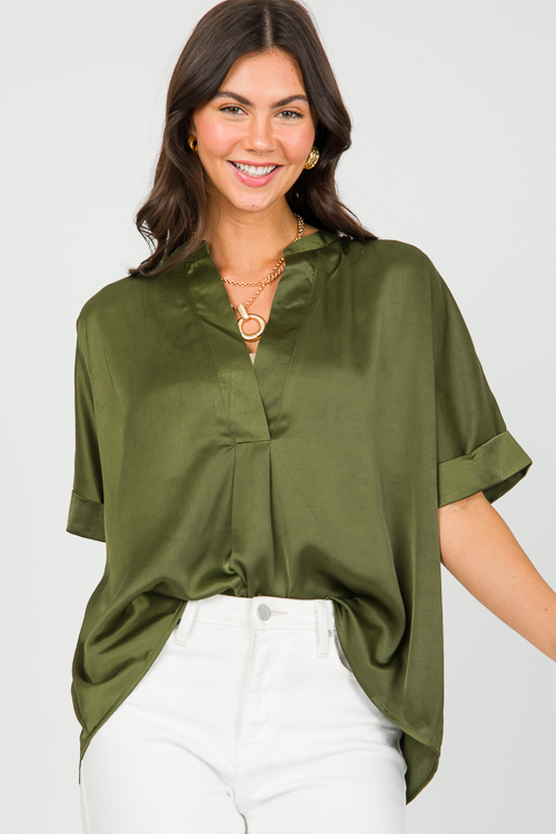 V-Neck Satin Blouse, Olive