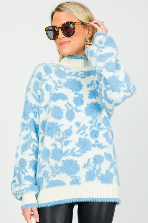 Fuzzy Floral Sweater, Cream/Blue