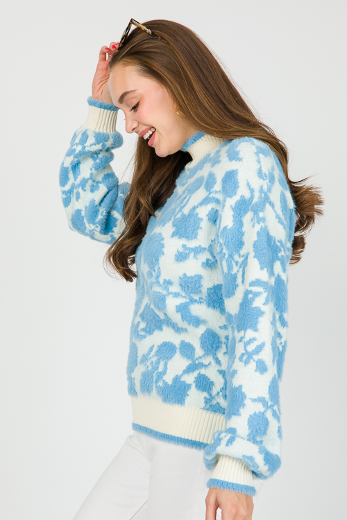 Fuzzy Floral Sweater, Cream/Blue