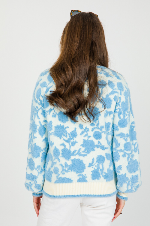 Fuzzy Floral Sweater, Cream/Blue