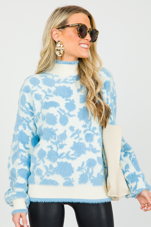 Fuzzy Floral Sweater, Cream/Blue