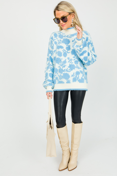 Fuzzy Floral Sweater, Cream/Blue