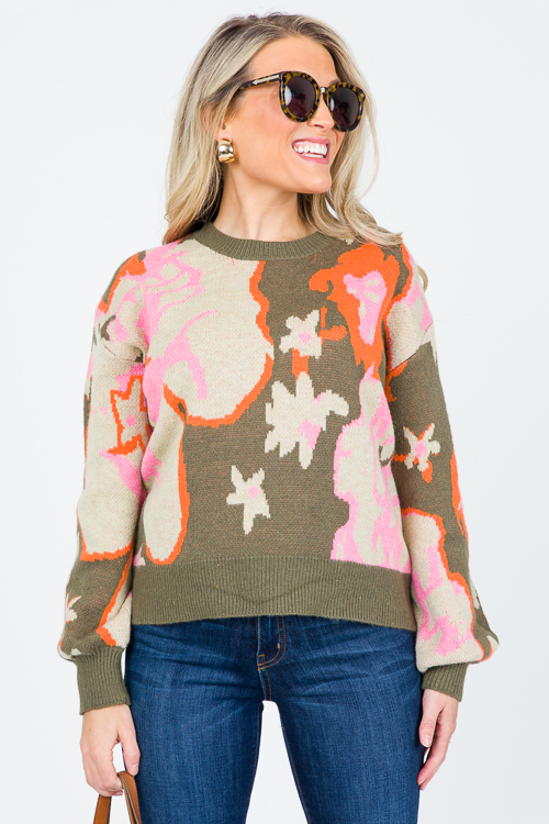 Abstract Flower Sweater, Olive