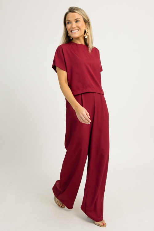 Wide Leg Pants Set, Burgundy - 1203-26h.jpg