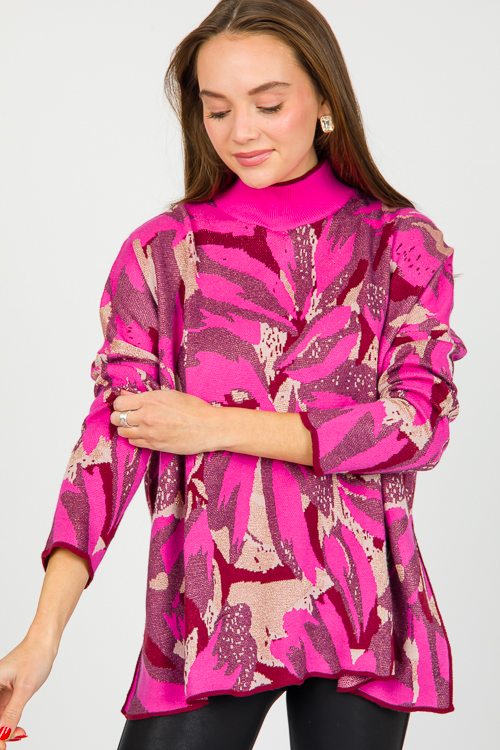 Metallic Print Sweater, Hot Pink