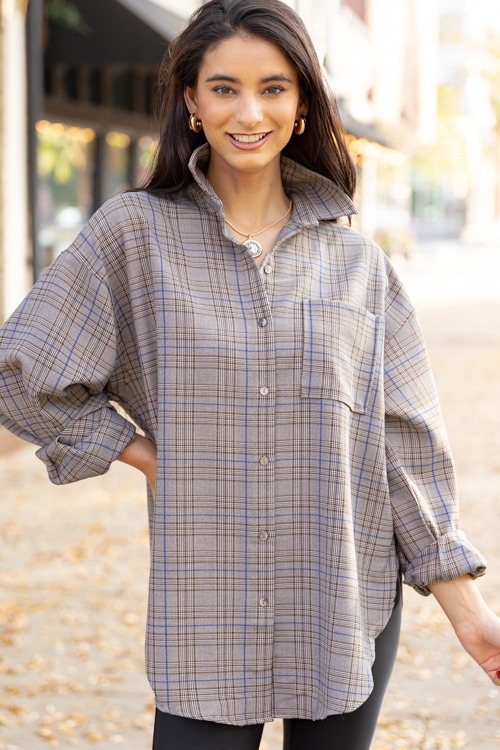 Plaid Tunic Shirt, Brown Blue - 1205-173.jpg