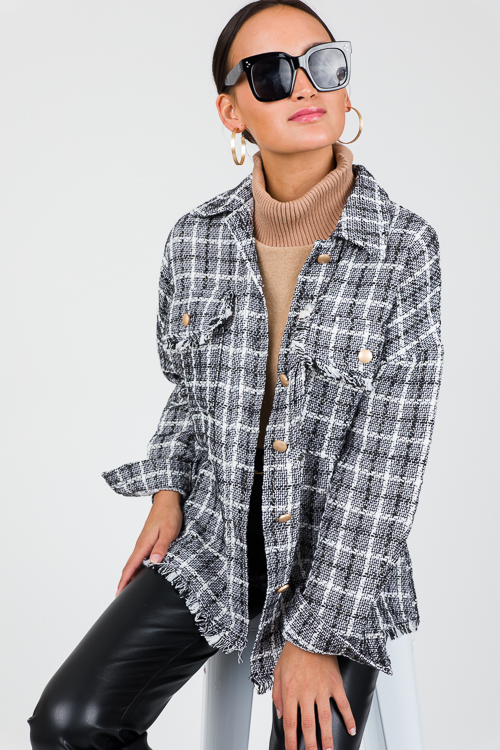 Tweed Gold Button Shacket, Black