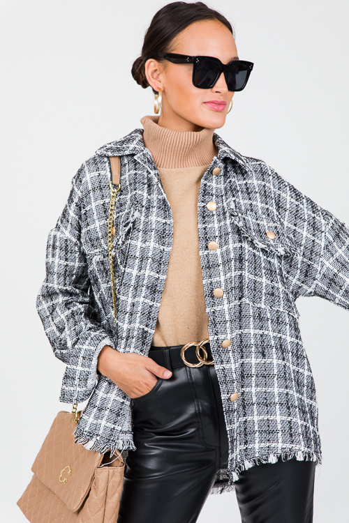 Tweed Gold Button Shacket, Black