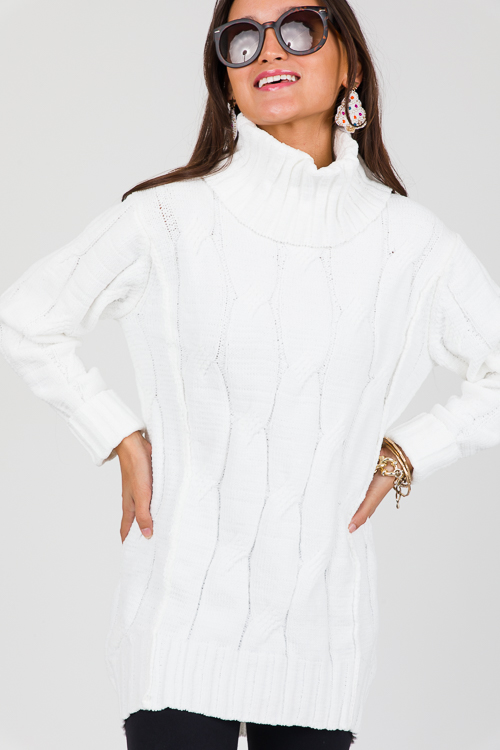 Cable Tunic Sweater, Optic White