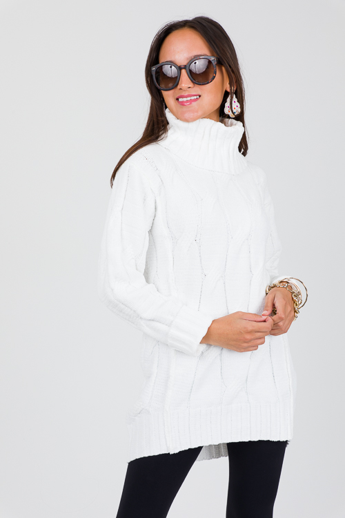 Cable Tunic Sweater, Optic White