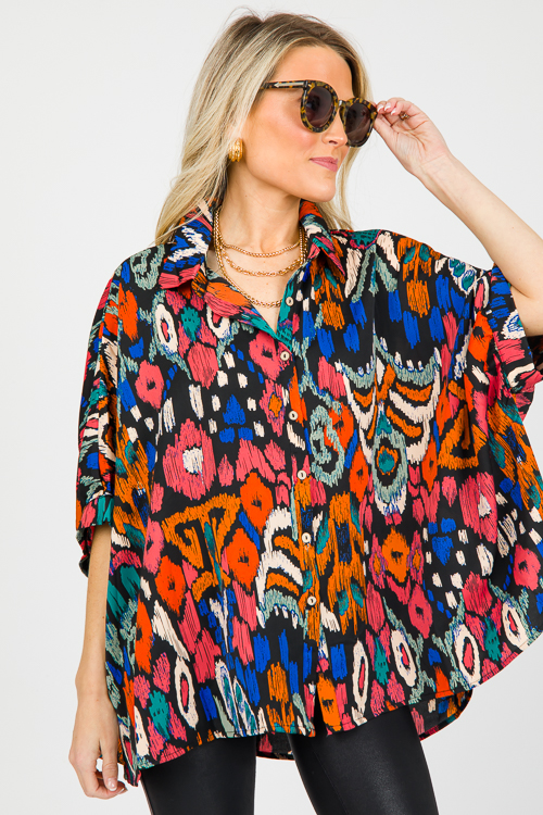 Printed Dolman Button Up, Black