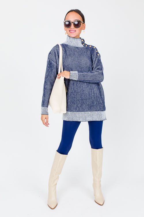 Gold Button Texture Sweater, Navy