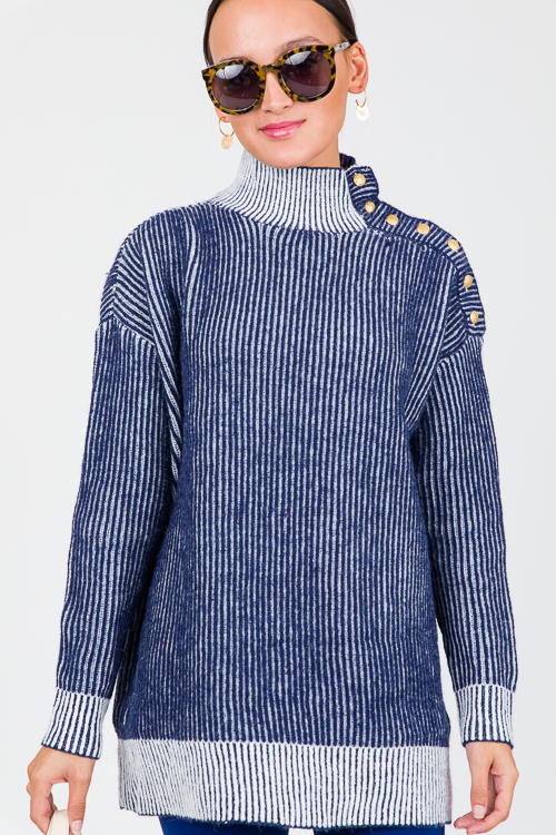 Gold Button Texture Sweater, Navy