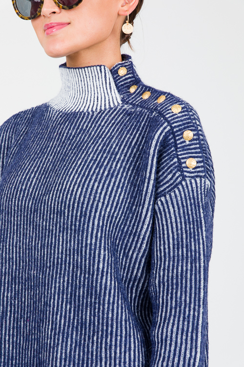 Gold Button Texture Sweater, Navy