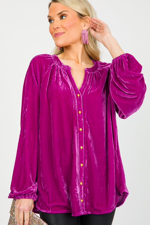 Button Front Velvet Top, Dk. Magenta