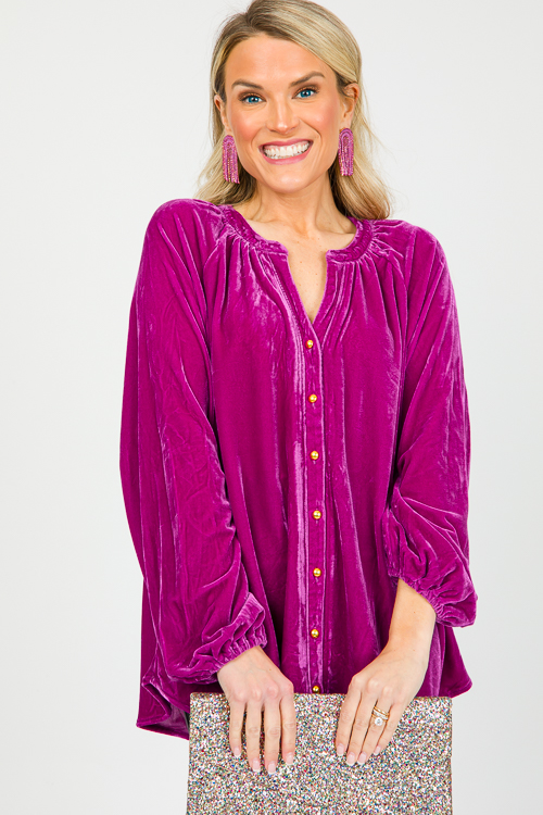 Button Front Velvet Top, Dk. Magenta