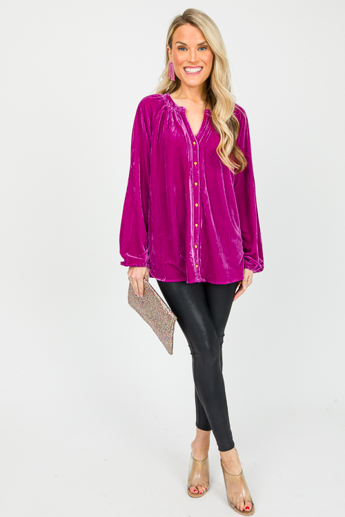 Button Front Velvet Top, Dk. Magenta