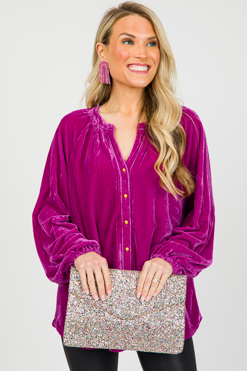 Button Front Velvet Top, Dk. Magenta