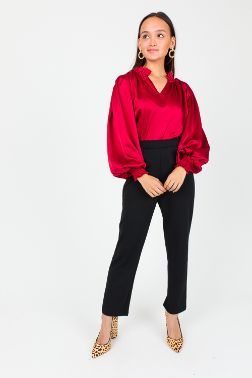 Ruffle Collar Satin Blouse, Burgundy