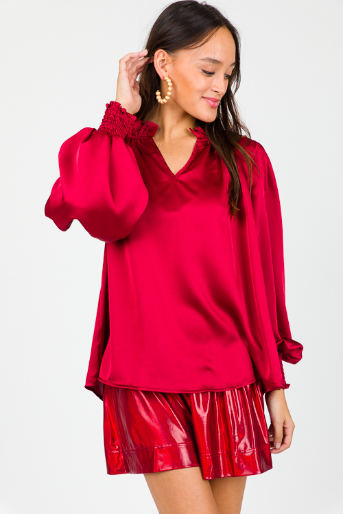 Ruffle Collar Satin Blouse, Burgundy