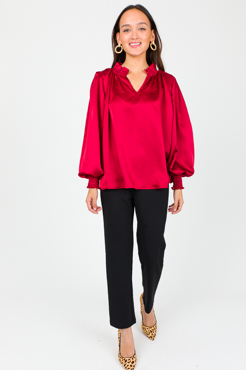 Ruffle Collar Satin Blouse, Burgundy