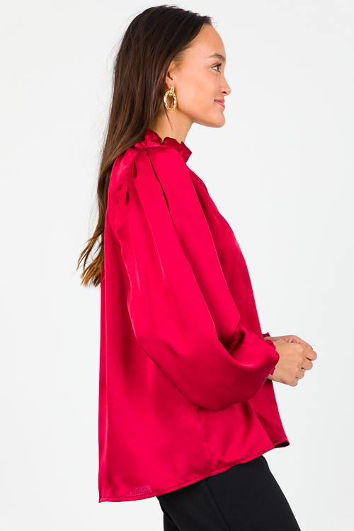 Ruffle Collar Satin Blouse, Burgundy