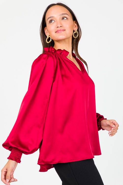 Ruffle Collar Satin Blouse, Burgundy