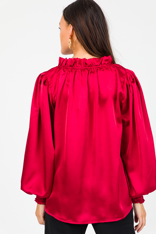 Ruffle Collar Satin Blouse, Burgundy