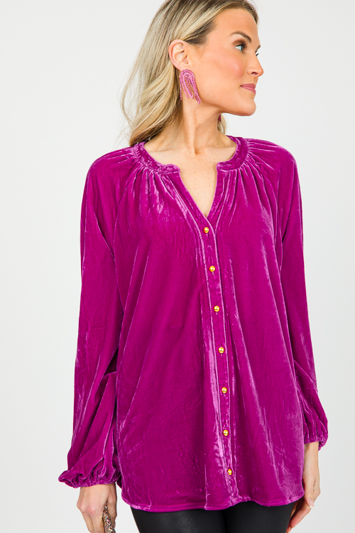 Button Front Velvet Top, Dk. Magenta