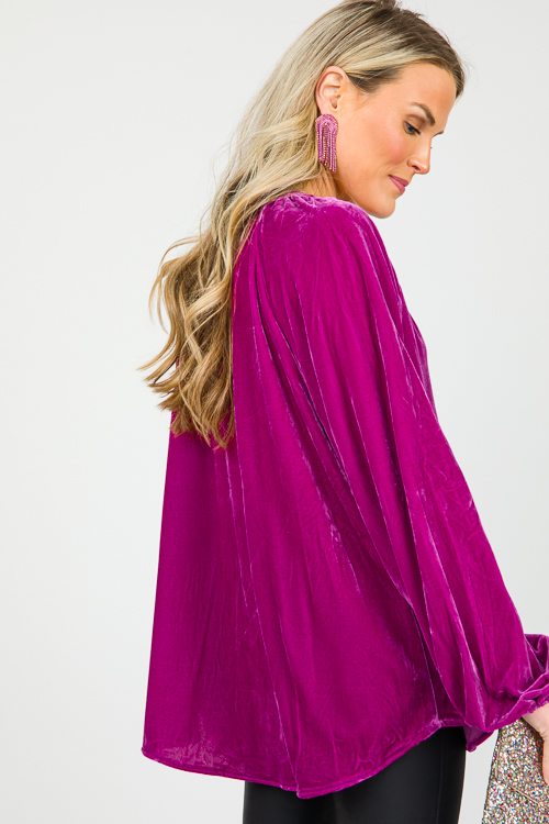 Button Front Velvet Top, Dk. Magenta