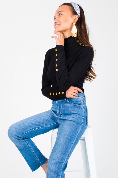 Gold Button Mock Neck, Black