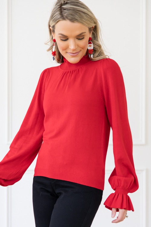 Ruffle Trim Sweater, Red