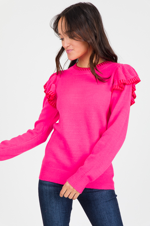 Stripe Trim Ruffle Sweater, Hot Pink