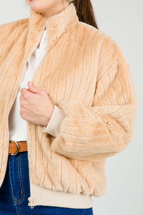 Stripe Texture Fur Jacket, Taupe