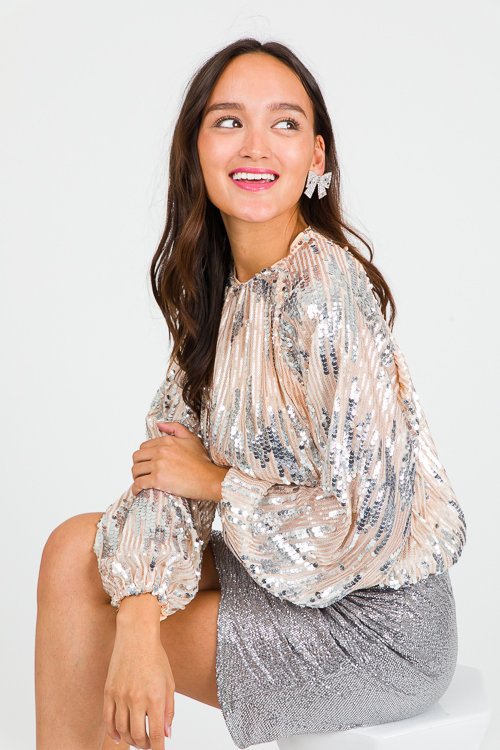 Sequin Drip Blouse, Beige