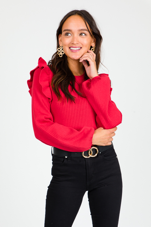 Ruffle Shoulder Rib Sweater, Red