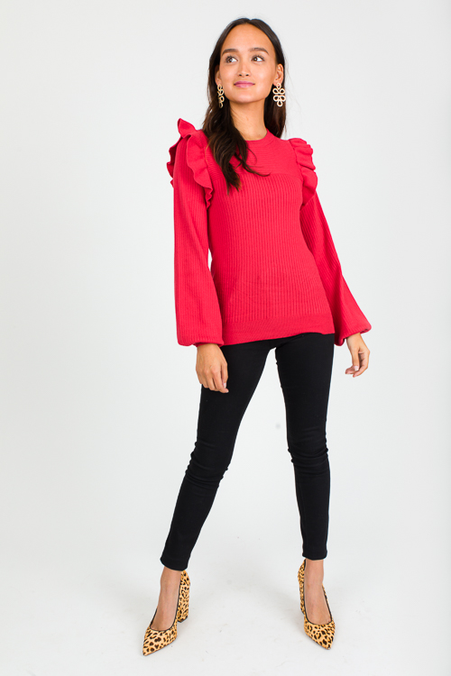 Ruffle Shoulder Rib Sweater, Red